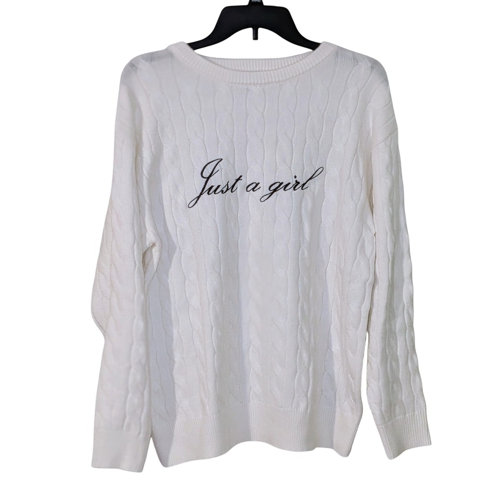 Urban Weekend‎ White Cable Knit Sweater Just a Girl Embroidered Size Small NWOT
